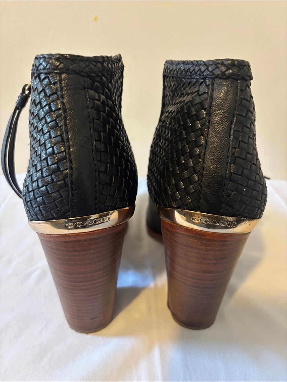 Coach Black Woven Leather Ankle Booties with Wood-Look Heels